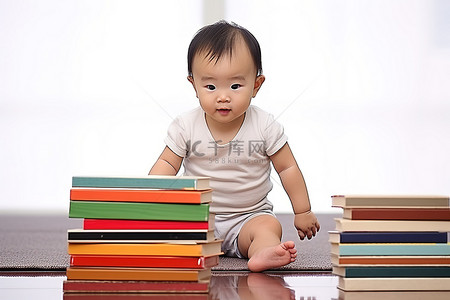 婴儿全棉尿布背景图片_婴儿站在几本书后面的地板上