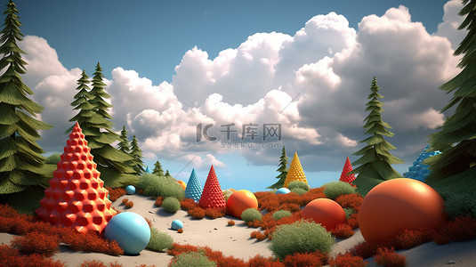 山数字背景图片_将 3D 形状转化为模拟自然云的宁静景观球和锥体