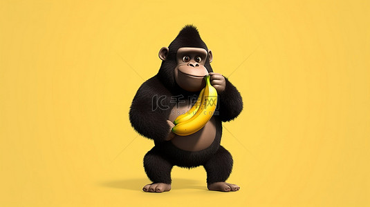 幽默的 3d 大猩猩拿着美味的香蕉