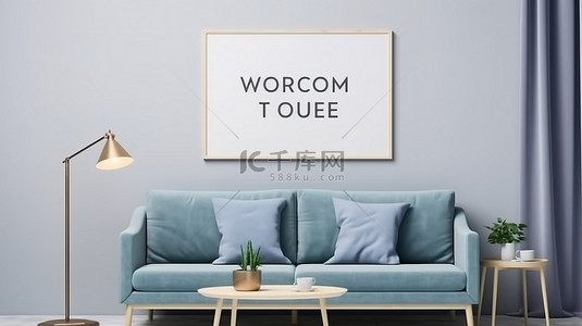沙发海报背景图片_3D 渲染的斯堪的纳维亚风格内饰，配有蓝色沙发和模拟海报框架