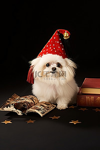 一只戴着魔法帽的小狗，拿着一本书和一个