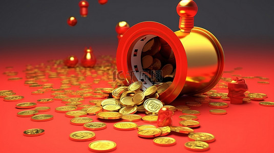 喜庆的中国新年展示 3D 渲染灯笼将金币层叠成元宝