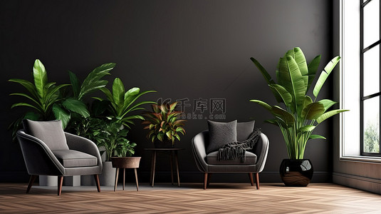 客厅内部的 3D 渲染，配有黑色扶手椅和盆栽植物
