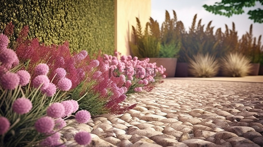 装饰草背景图片_一个令人惊叹的花园装饰着墙壁，有一条 3d 渲染的迷人的砾石路径