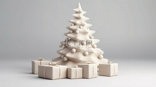 空白卡背景图片_以白皮书圣诞树为特色的礼品盒演示文稿的 3D 渲染