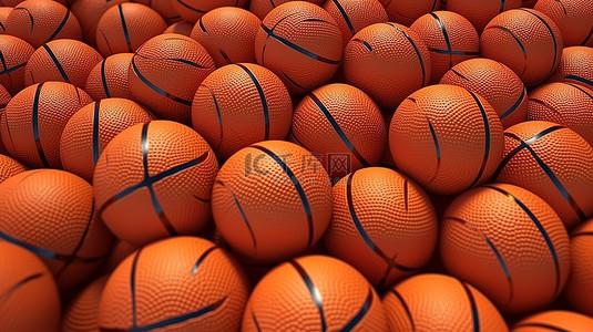 一堆橙色篮球背景的极端特写 3D 渲染