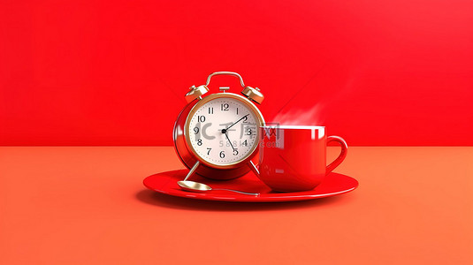 拿铁茶背景图片_在充满活力的红色背景下唤醒并啜饮咖啡杯作为闹钟