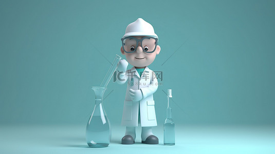 卡通医生与大注射器和透明液体在玻璃瓶 3d 渲染