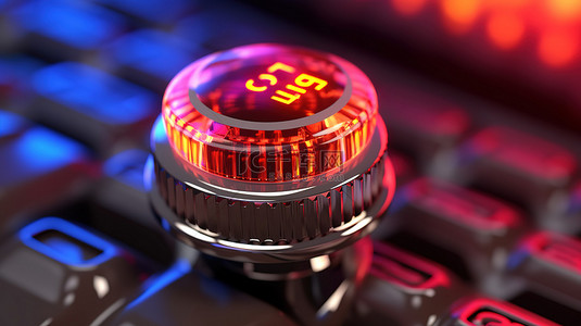 计算机键盘上放置温度控制标志的数字无线散热器恒温阀的极端特写 3D 渲染