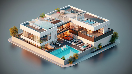 私人泳池背景图片_紧凑而高效的公寓，设有私人车库和泳池区 3D 渲染