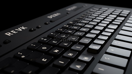 商业和技术概念背景，具有 3D 渲染黑色键盘，具有收入键