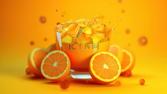 黄色果汁飞溅背景图片_充满活力的黄色背景 3d 渲染上多汁的橙子