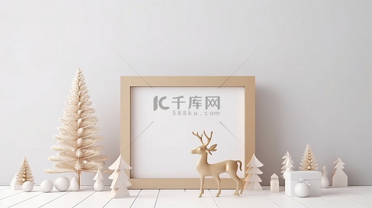 白鹿背景图片_圣诞海报模型的 3D 渲染，以音乐盒杉树星花环和鹿为特色，以白墙背景为特色