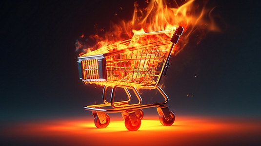 着火背景图片_商业概念的插图：购物车着火了