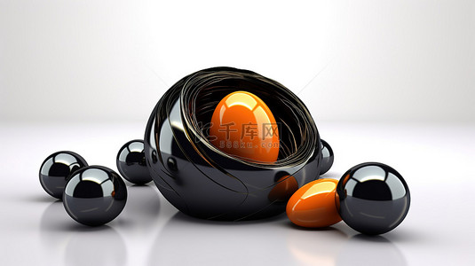 独特的象征性嵌套球体黑色外壳，橙色核心 3D 渲染在白色背景上