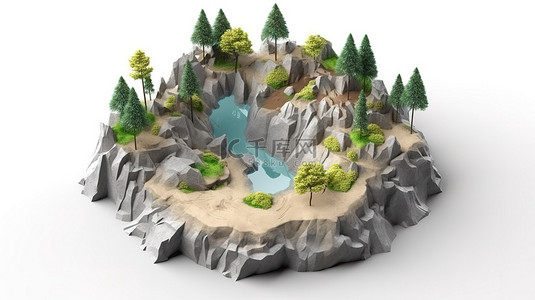 上新模板背景图片_白色背景上 3D 岩石景观的孤立等距视图