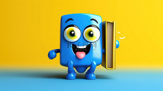 蓝手机背景图片_电动蓝书吉祥物，带有动态充电电池，在 3D 渲染的充满活力的黄色背景上