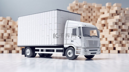 卡车上带有白色纸板箱模型的欧元托盘的 3D 渲染