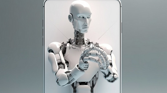 当代机器人手拿着空白屏幕智能手机时尚时尚的 3D 模型