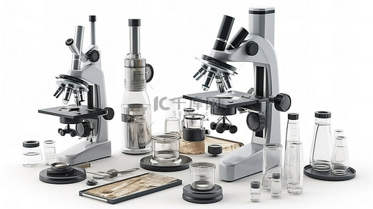 探索科学实验室设备的视觉渲染和白色背景化学研究的显微镜
