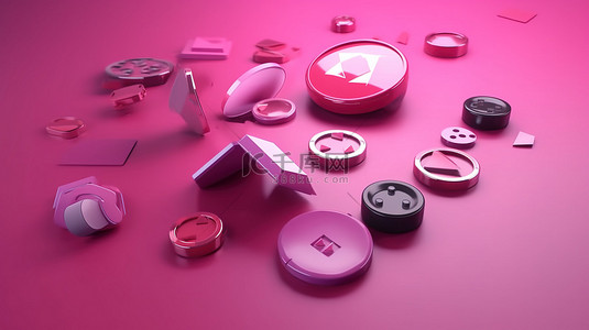 充满活力的粉红色背景上 3D 渲染插图中的媒体播放器按钮集合