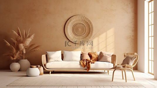 墙壁沙发背景图片_米色客厅背景上优雅的斯堪的纳维亚波西米亚室内设计 3D 渲染插图