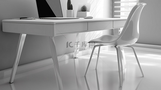 现代办公环境中带 PC 和白色椅子的时尚简约电脑桌的 3D 渲染