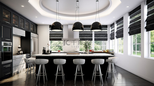 现代黑白厨房配有别致的厨房岛三吧凳和优雅的圆形玻璃吊灯 3D 渲染