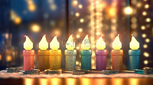 金火焰背景图片_光明节烛台的 3D 插图，在散焦的窗户和闪闪发光的背景下，有发光的蜡烛