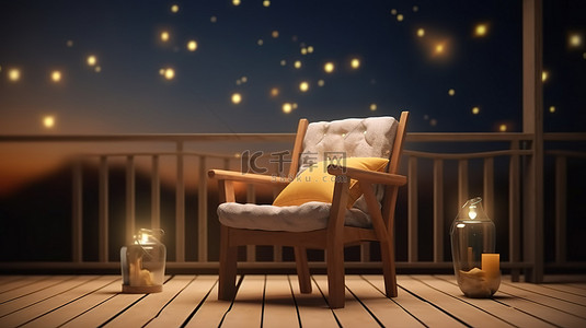 黑夜窗口背景图片_木甲板被夜星照亮，配有 3D 插图的扶手椅和咖啡桌