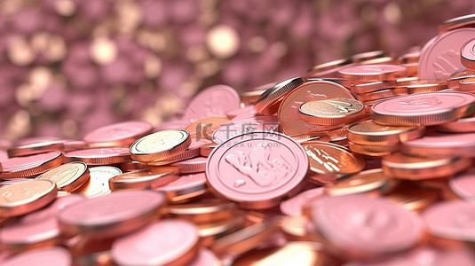 veri peri 和粉色 3D 渲染飞行金钱背景与成堆的美元硬币