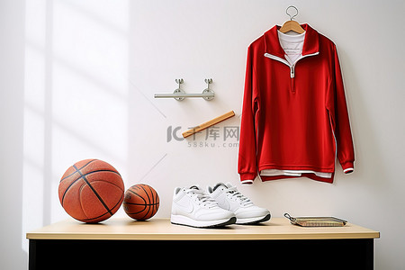 白色桌子上挂着四件物品，其中包括一件红色衬衫和篮球鞋