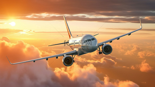 令人惊叹的 3D 插图商用飞机在日落云层上空翱翔