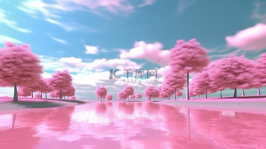 宁静的湖泊和天空中的粉红色树木和绿草设置 3D 渲染
