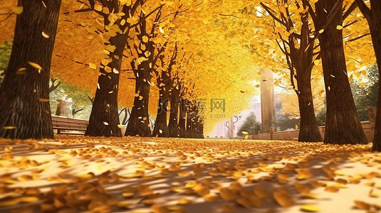 树下的阳光背景图片_公园小巷金树的秋景被明亮的阳光和落叶照亮，数字 3D 插图