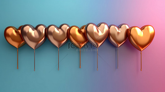 生日背景图片_各种铜心形气球聚集在引人注目的彩虹墙上 3D 渲染图像