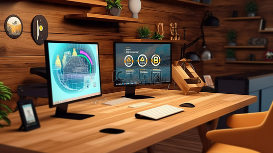 免费个人简历背景图片_现代家庭办公室配有时尚的木桌和 3D 渲染的加密货币网站设计
