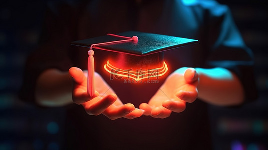 大学毕业图背景图片_手握毕业帽图标的霓虹灯 3D 渲染插图