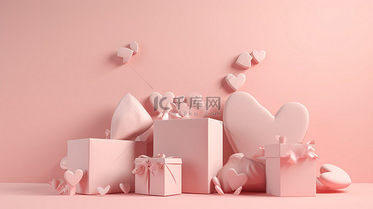 爱情海花背景图片_柔和的粉红色背景上的 3d 渲染中的红心和礼品盒