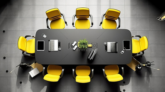 设计时尚的顶视图会议室配有时尚的黑色办公桌和别致的白色黄色椅子 3D 渲染