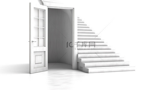 白色背景上通向紧闭的门的楼梯的独立 3D 渲染