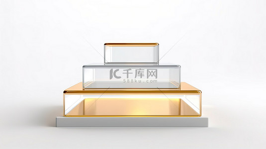 台阶玻璃背景图片_白色背景 3D 渲染上带有金色台阶和框架的照明玻璃讲台