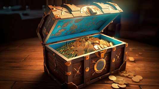 宝箱卡通背景图片_卡通加密货币新硬币在开放宝箱中揭幕的 3D 渲染