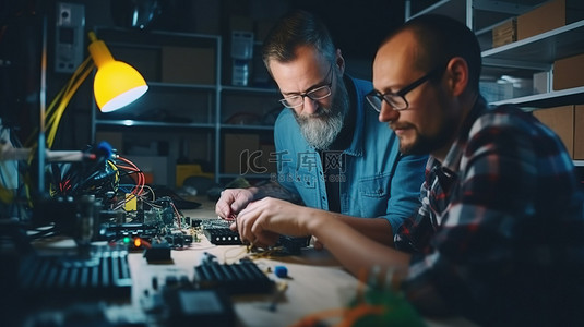 白发男子背景图片_车间里两名男子熟练地使用电子线和 3D 打印机进行制作