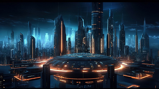 科幻城市科技背景图片_夜间由原子能驱动的未来网络城市的 3D 艺术插图