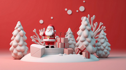 卡通圣诞树礼物背景图片_圣诞老人圣诞树和节日横幅上的礼物的 3D 插图