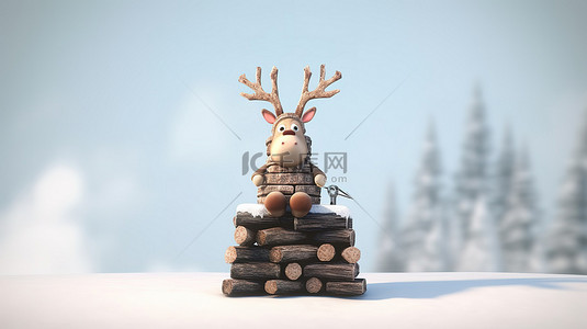3D 卡通描绘了一只木制驯鹿在烟囱上背着一个麻袋