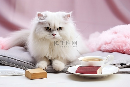 咖啡垫背景图片_猫在垫子上拿着杯子