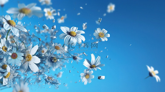 盛开的花瓣在 3D 渲染的宁静蓝色背景下层叠
