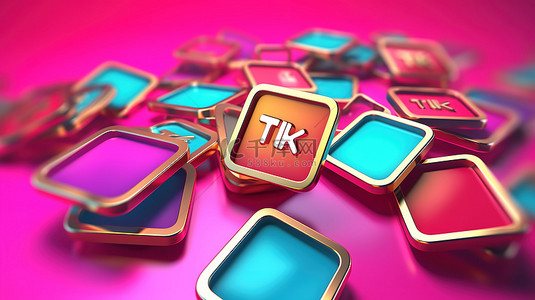 彩色背景与 tik tok 标志在一组方形徽章 3d 渲染